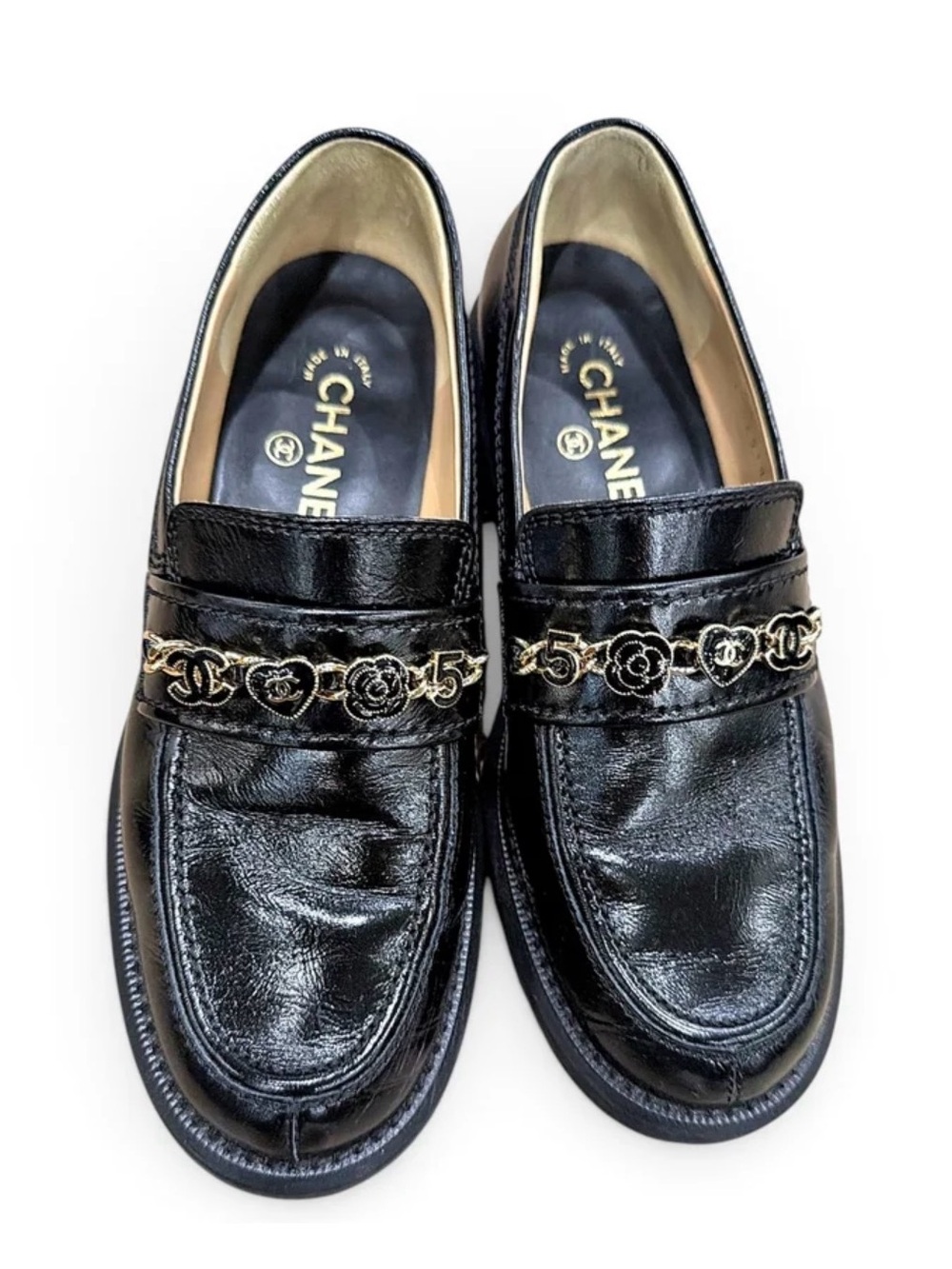 CHANEL Black Leather Slip-On Loafers with Gold Chain Trim